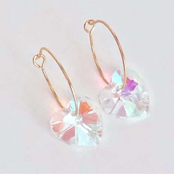 New Handmade Sparkling Dangling Crystal Heart Hoop Earrings Lightweight Elegant - Picture 1 of 8